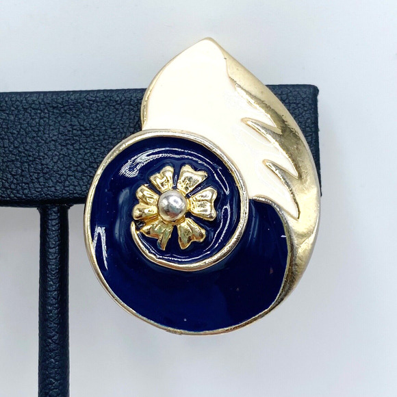 Vintage Large Gold Tone Enamel Navy White Abstract Earrings Statement Heavy 80s - Picture 2 of 6